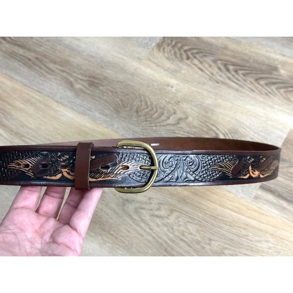 VTG 70''s Wrangler HandTooled Eagle Embossed LeatherBelt Mens 46 (52